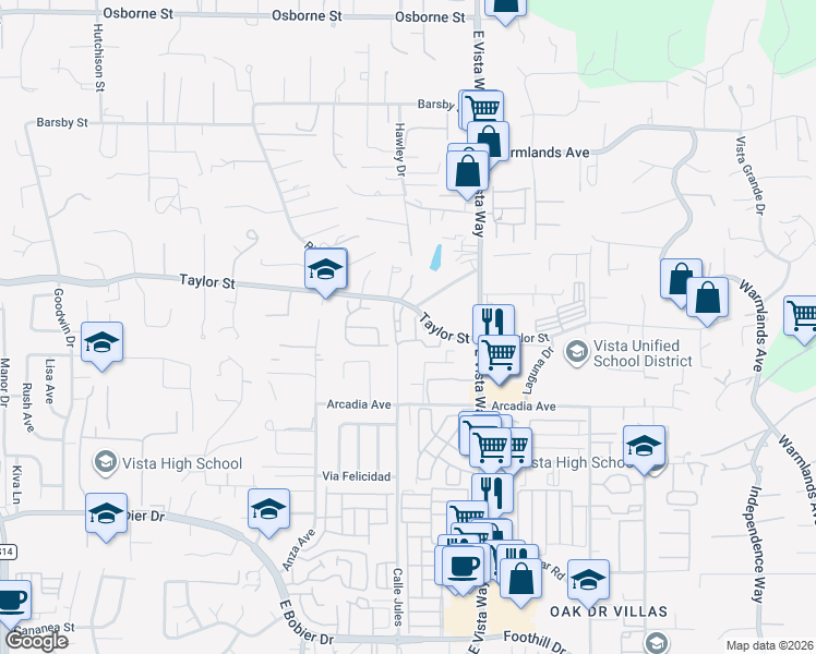map of restaurants, bars, coffee shops, grocery stores, and more near 911 Taylor Street in Vista