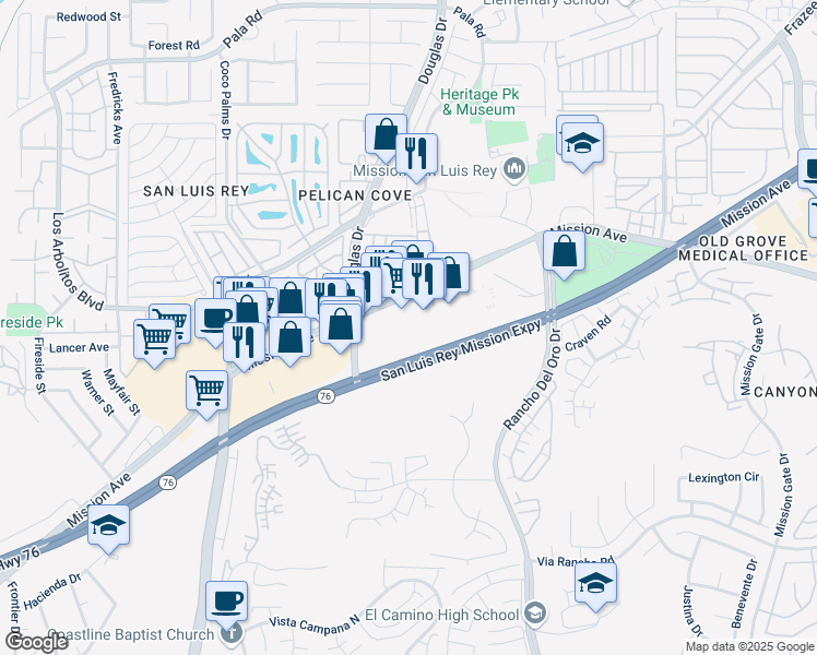 map of restaurants, bars, coffee shops, grocery stores, and more near 3935 Mission Avenue in Oceanside