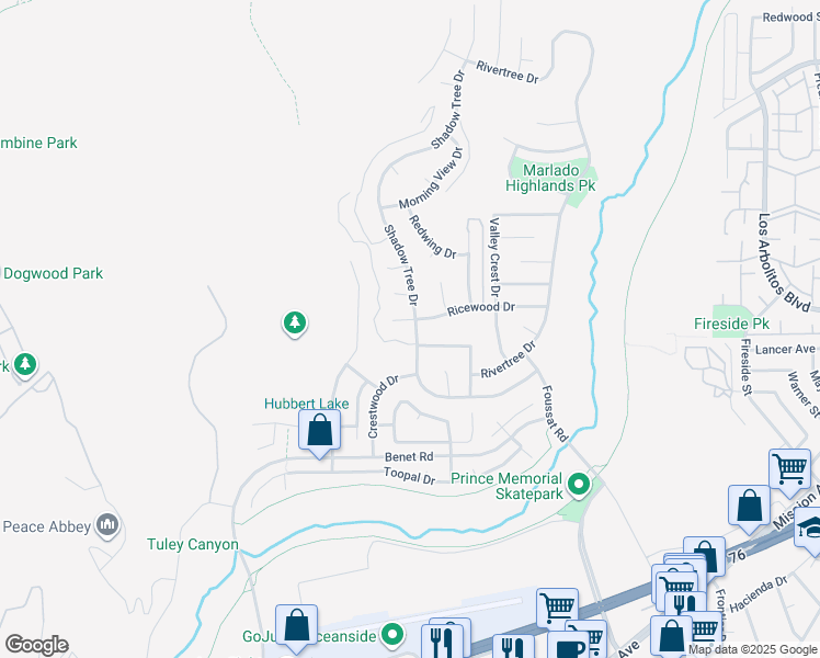 map of restaurants, bars, coffee shops, grocery stores, and more near 3295 Ricewood Drive in Oceanside