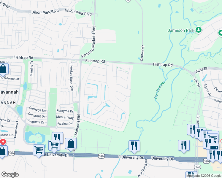map of restaurants, bars, coffee shops, grocery stores, and more near 881 Lancashire Lane in Aubrey