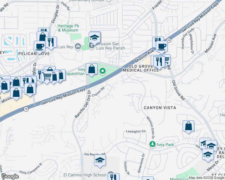 map of restaurants, bars, coffee shops, grocery stores, and more near 143 Alicia Way in Oceanside