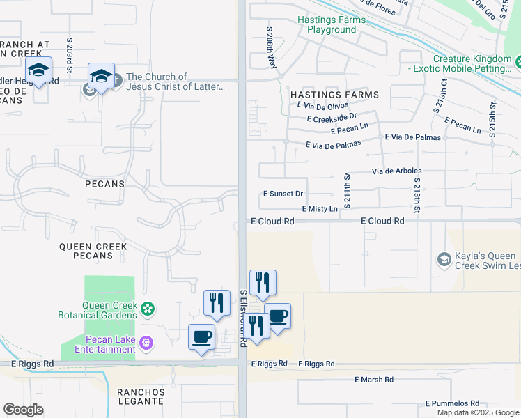 map of restaurants, bars, coffee shops, grocery stores, and more near 19126 South 208th Place in Queen Creek