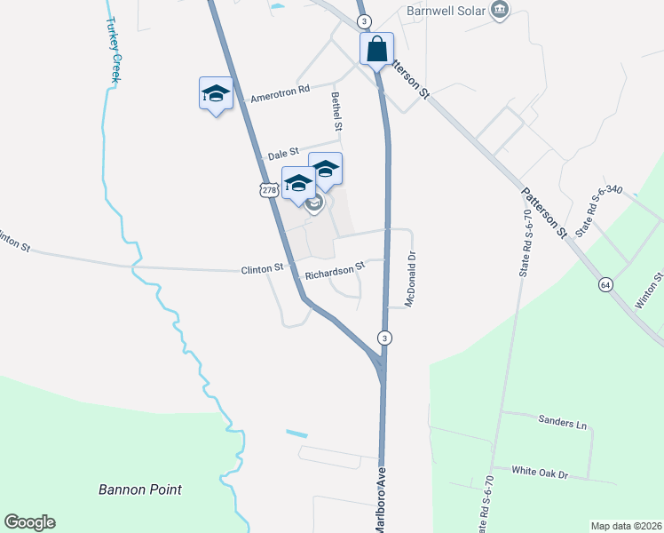 map of restaurants, bars, coffee shops, grocery stores, and more near 156 Richardson Street in Barnwell