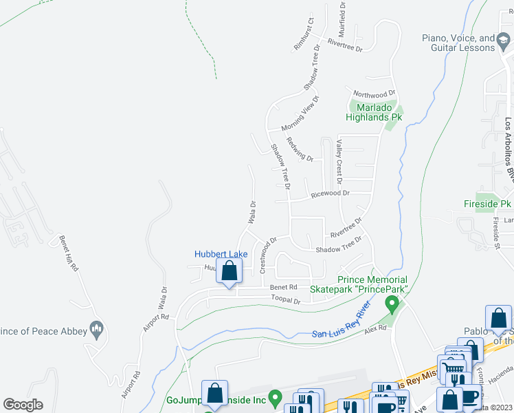 map of restaurants, bars, coffee shops, grocery stores, and more near 740 Wala Drive in Oceanside