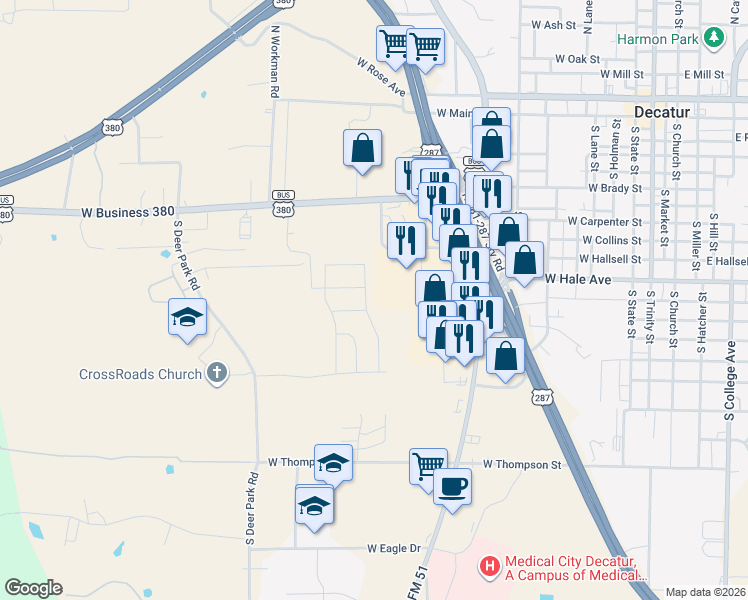 map of restaurants, bars, coffee shops, grocery stores, and more near 800 S U.S. 287 in Decatur