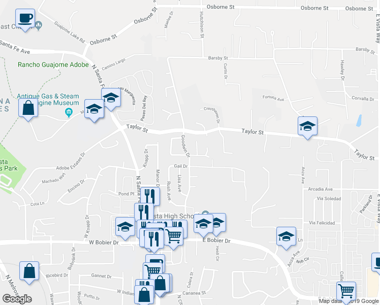 map of restaurants, bars, coffee shops, grocery stores, and more near 1803 Goodwin Drive in Vista