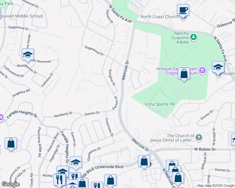 map of restaurants, bars, coffee shops, grocery stores, and more near 1340 Sunglow Drive in Oceanside
