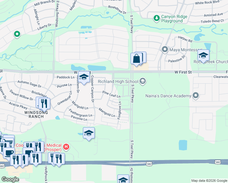 map of restaurants, bars, coffee shops, grocery stores, and more near 810 Bandera Ct in Prosper