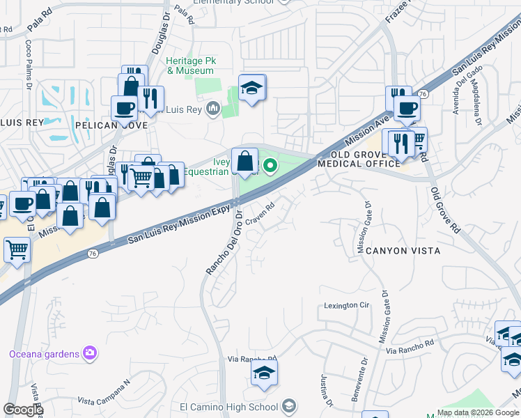 map of restaurants, bars, coffee shops, grocery stores, and more near 4026 Craven Road in Oceanside