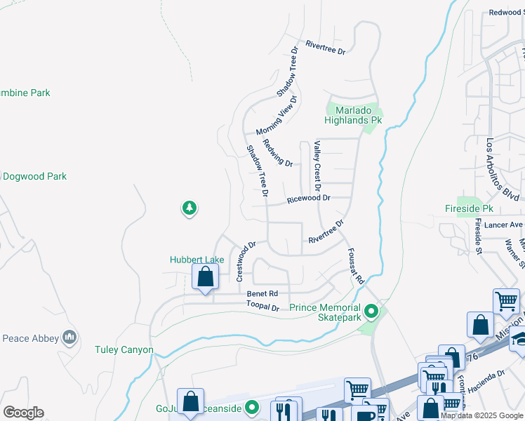 map of restaurants, bars, coffee shops, grocery stores, and more near 3295 Ricewood Drive in Oceanside