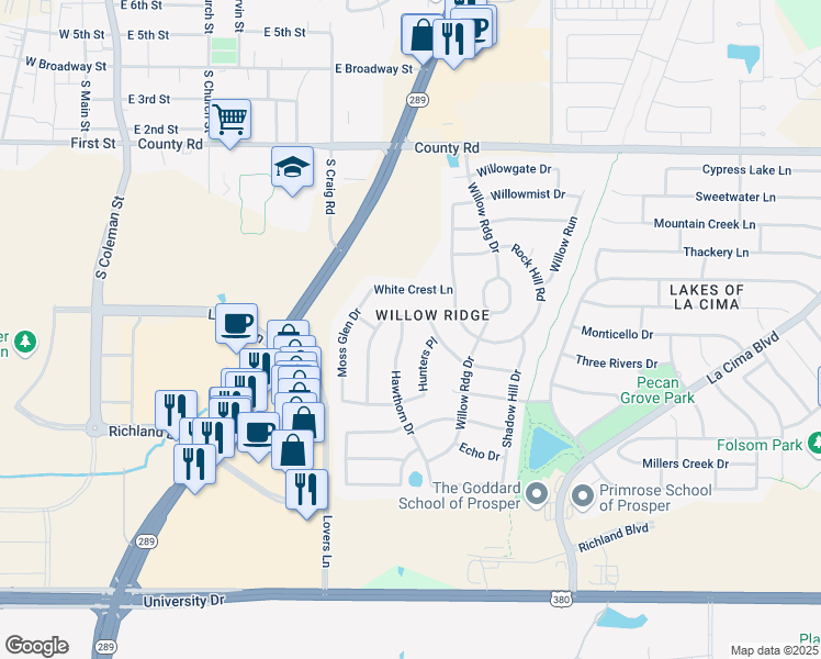map of restaurants, bars, coffee shops, grocery stores, and more near 1061 Gables Drive in Prosper