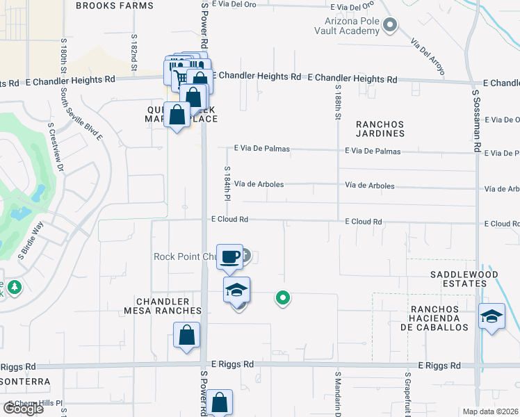 map of restaurants, bars, coffee shops, grocery stores, and more near 18535 Vía de Arboles in Queen Creek