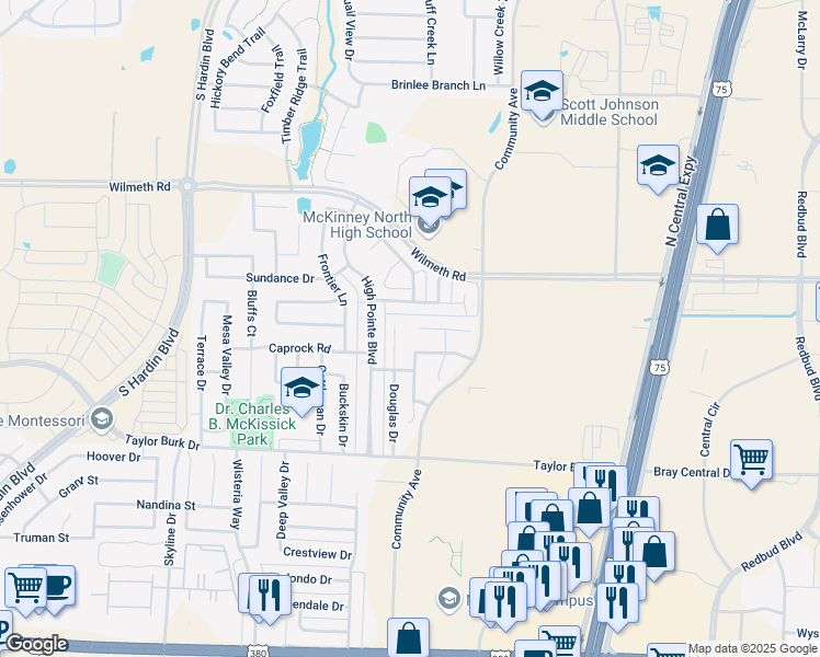 map of restaurants, bars, coffee shops, grocery stores, and more near 2229 Kingsdale Court in McKinney
