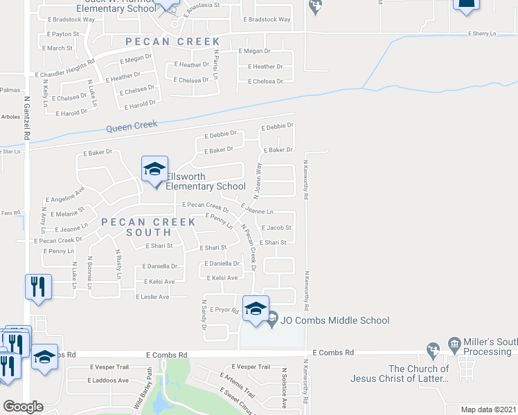 map of restaurants, bars, coffee shops, grocery stores, and more near 1578 East Jeanne Lane in Queen Creek