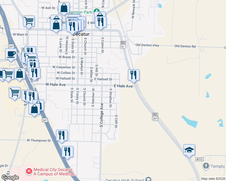 map of restaurants, bars, coffee shops, grocery stores, and more near 602 East Hale Avenue in Decatur