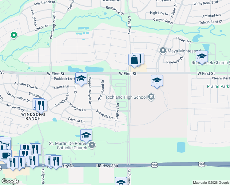 map of restaurants, bars, coffee shops, grocery stores, and more near 810 Bandera Ct in Prosper