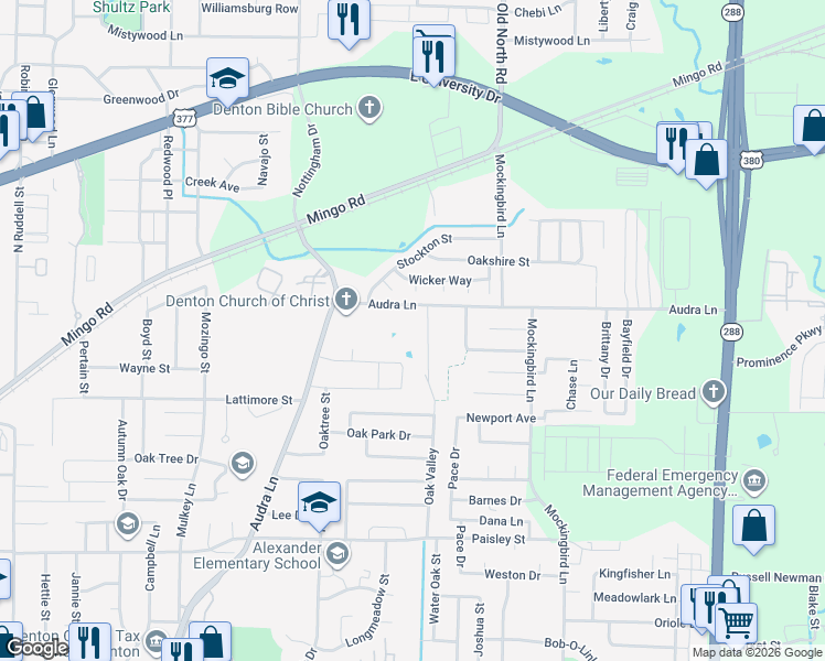 map of restaurants, bars, coffee shops, grocery stores, and more near 1528 Audra Ln in Denton
