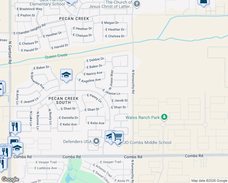 map of restaurants, bars, coffee shops, grocery stores, and more near 1602 East Jeanne Lane in San Tan Valley