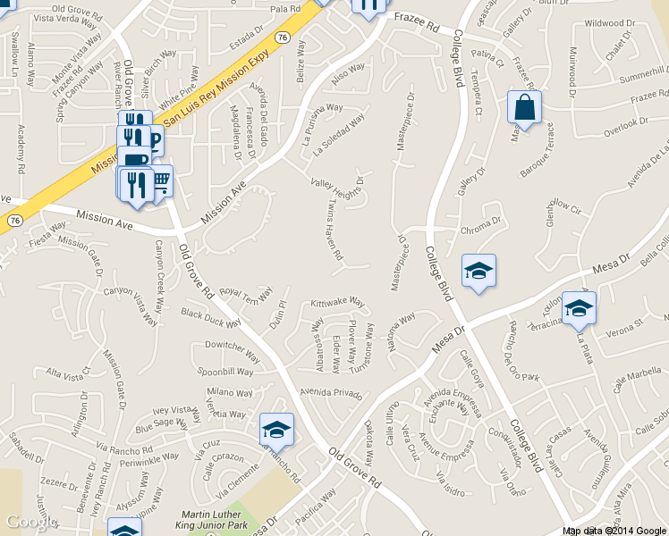 map of restaurants, bars, coffee shops, grocery stores, and more near 4607 Twins Haven Road in Oceanside