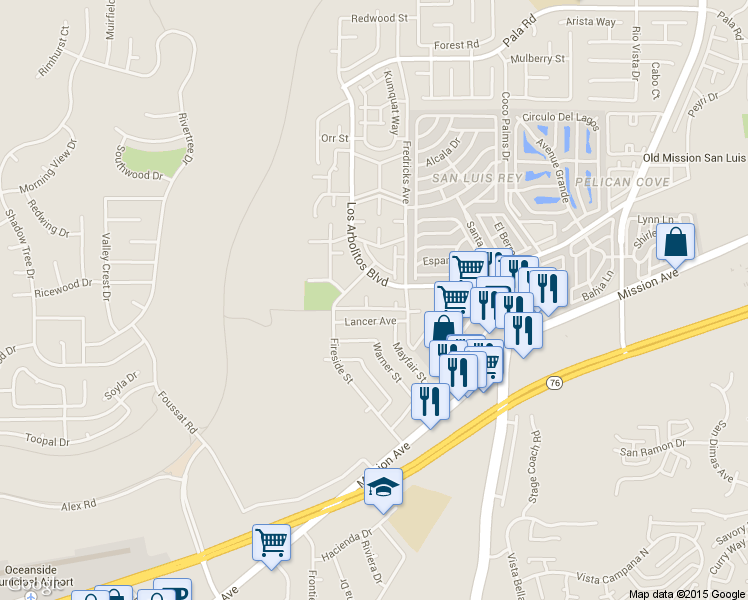 map of restaurants, bars, coffee shops, grocery stores, and more near 325 Los Arbolitos Boulevard in Oceanside