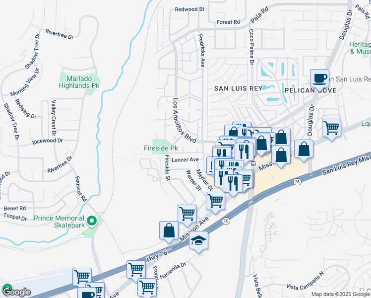 map of restaurants, bars, coffee shops, grocery stores, and more near 402 Parkside Drive in Oceanside