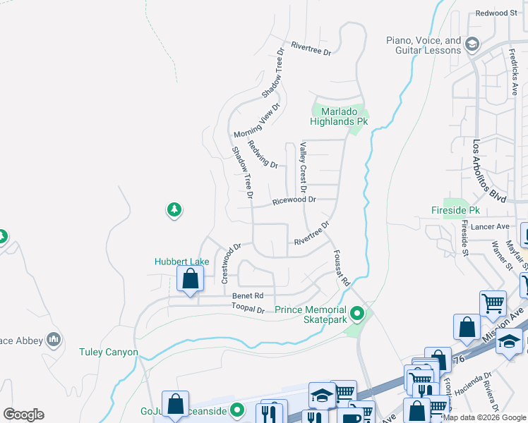 map of restaurants, bars, coffee shops, grocery stores, and more near 599 Shadow Tree Drive in Oceanside