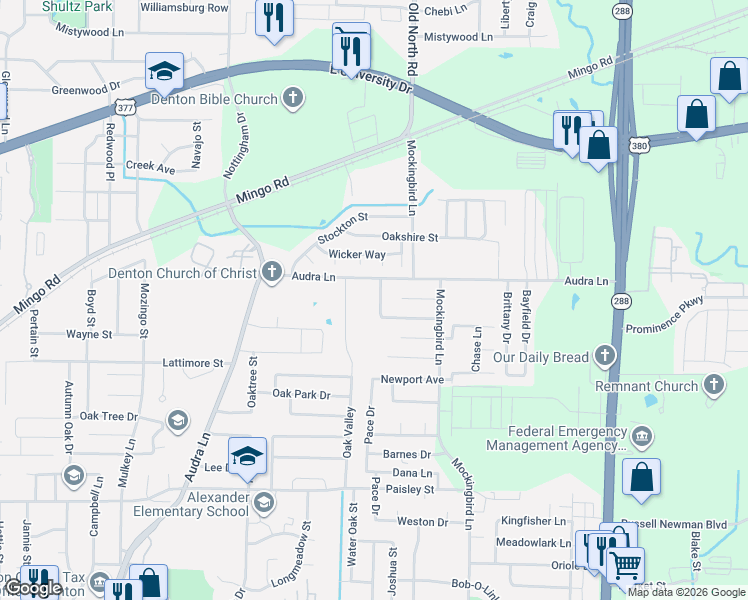 map of restaurants, bars, coffee shops, grocery stores, and more near 1005 Barbara Street in Denton