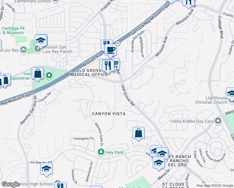 map of restaurants, bars, coffee shops, grocery stores, and more near 132 Canyon Creek Way in Oceanside