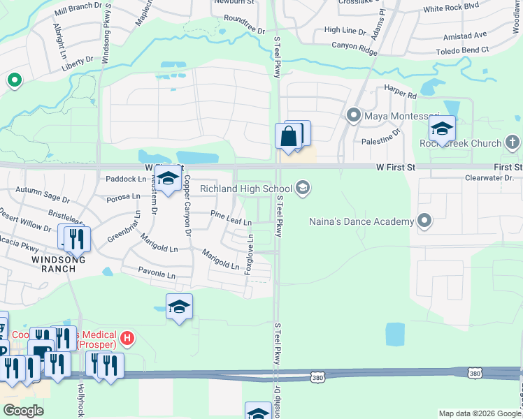 map of restaurants, bars, coffee shops, grocery stores, and more near 3701 Pine Leaf Lane in Prosper