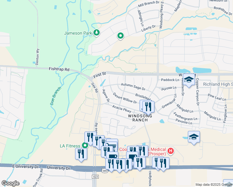 map of restaurants, bars, coffee shops, grocery stores, and more near 4670 Desert Willow Drive in Prosper