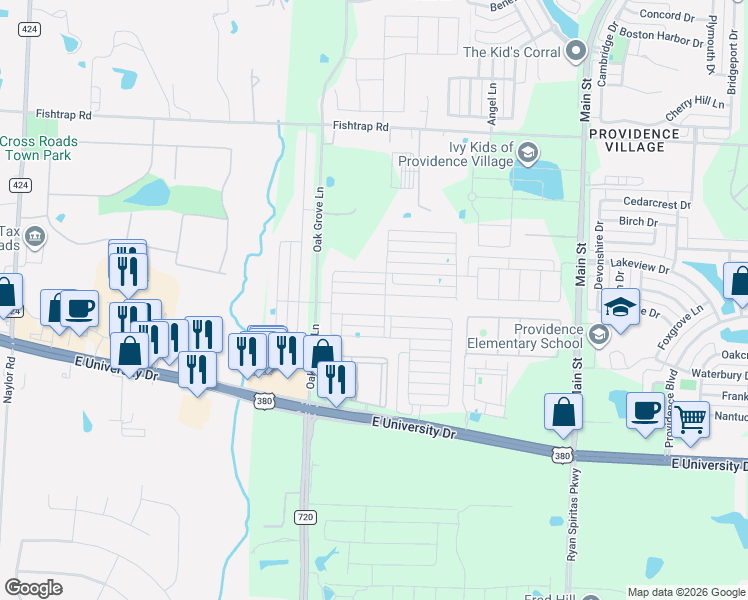 map of restaurants, bars, coffee shops, grocery stores, and more near 2409 Larimar Drive in Aubrey