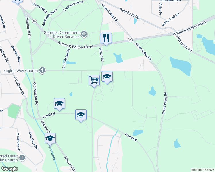 map of restaurants, bars, coffee shops, grocery stores, and more near 433 Wilson Road in Griffin