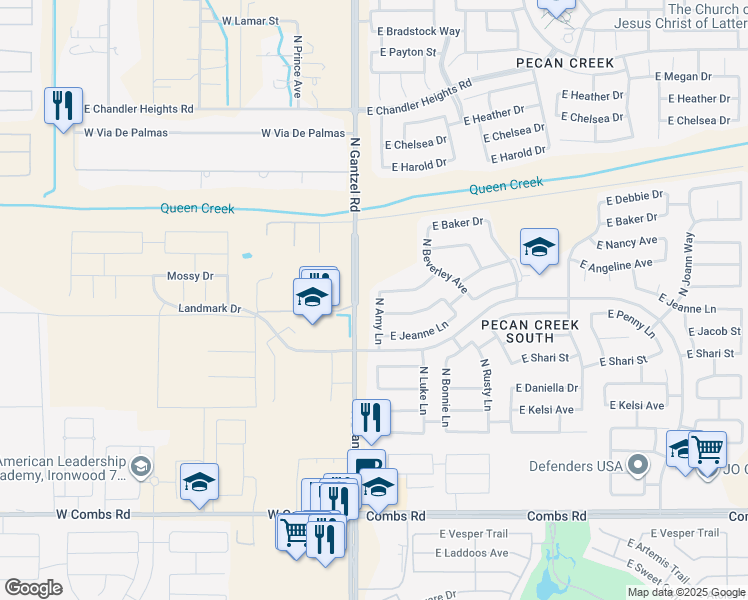 map of restaurants, bars, coffee shops, grocery stores, and more near 38400 North Amy Lane in Queen Creek