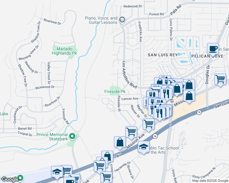 map of restaurants, bars, coffee shops, grocery stores, and more near 251 Fireside Street in Oceanside
