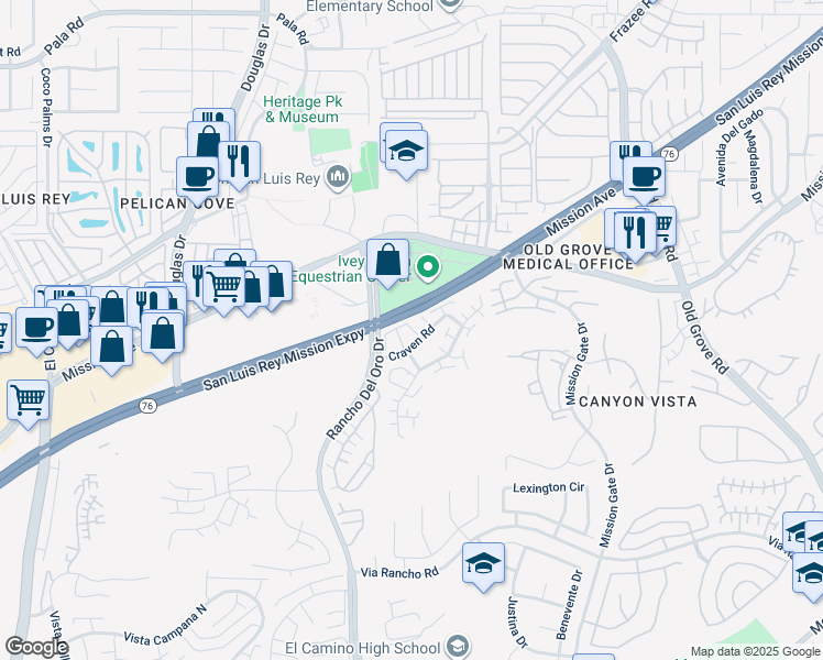 map of restaurants, bars, coffee shops, grocery stores, and more near 4026 Craven Road in Oceanside