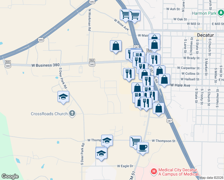 map of restaurants, bars, coffee shops, grocery stores, and more near 800 S U.S. 287 in Decatur