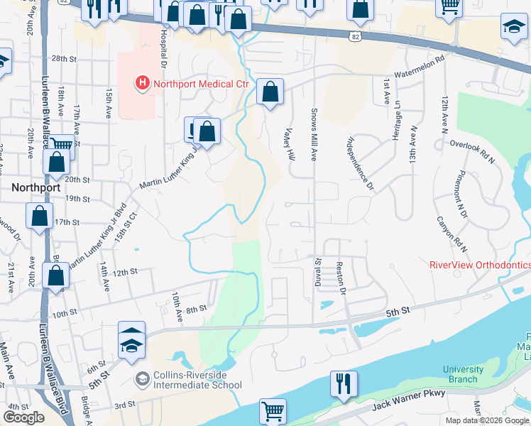 map of restaurants, bars, coffee shops, grocery stores, and more near 2141 Fox Ridge Road in Tuscaloosa