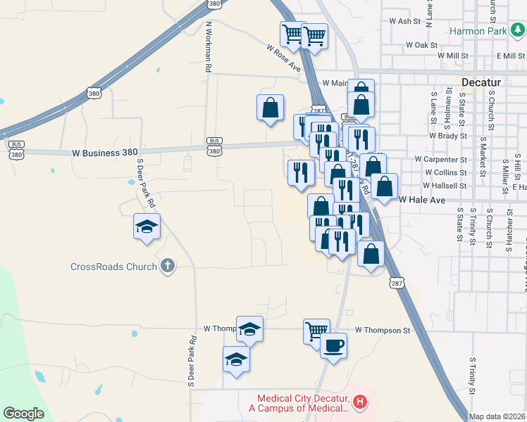 map of restaurants, bars, coffee shops, grocery stores, and more near 800 S U.S. 287 in Decatur