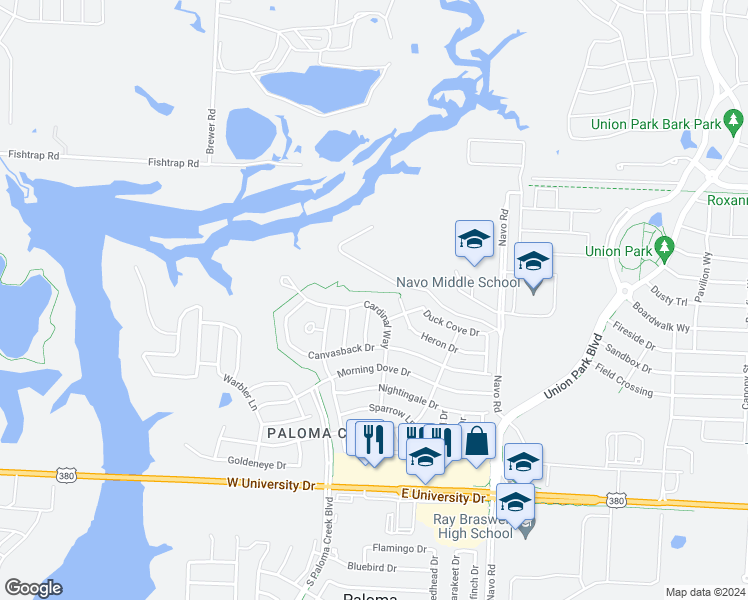 map of restaurants, bars, coffee shops, grocery stores, and more near 1513 Cardinal Way in Aubrey