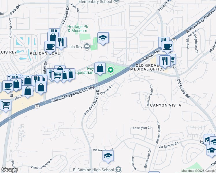 map of restaurants, bars, coffee shops, grocery stores, and more near 4034 Craven Road in Oceanside