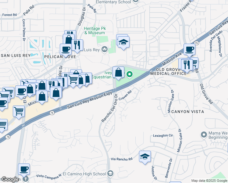 map of restaurants, bars, coffee shops, grocery stores, and more near California 76 & Rancho Del Oro Drive in Oceanside