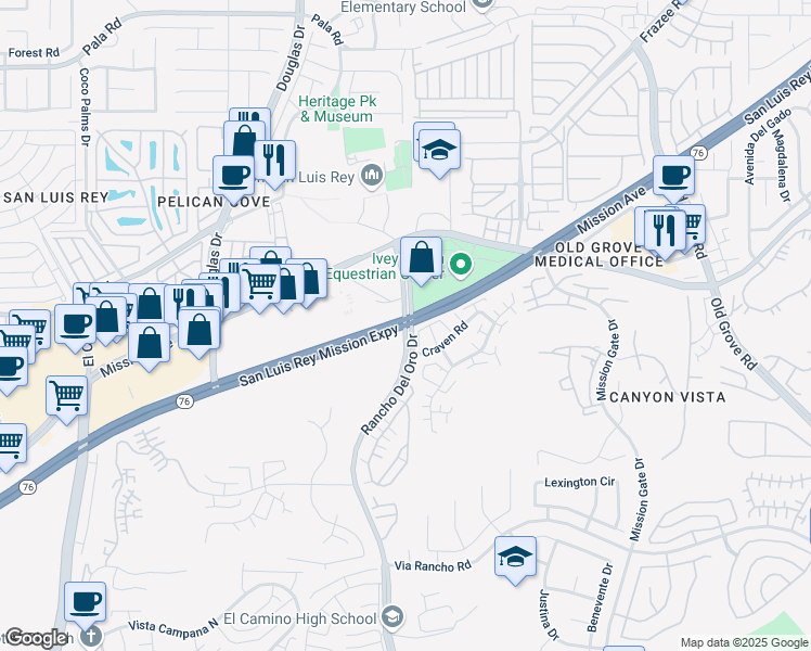 map of restaurants, bars, coffee shops, grocery stores, and more near Hwy 76 & Rancho Del Oro Dr in Oceanside