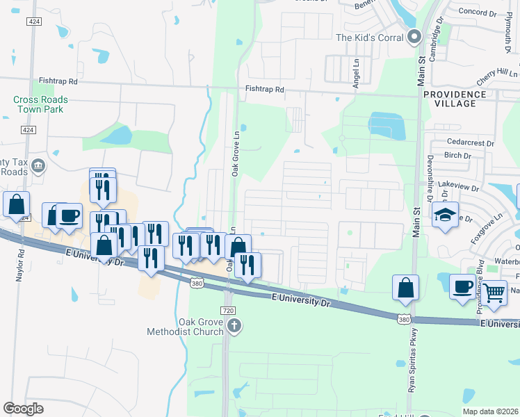 map of restaurants, bars, coffee shops, grocery stores, and more near 2428 Larimar Drive in Aubrey