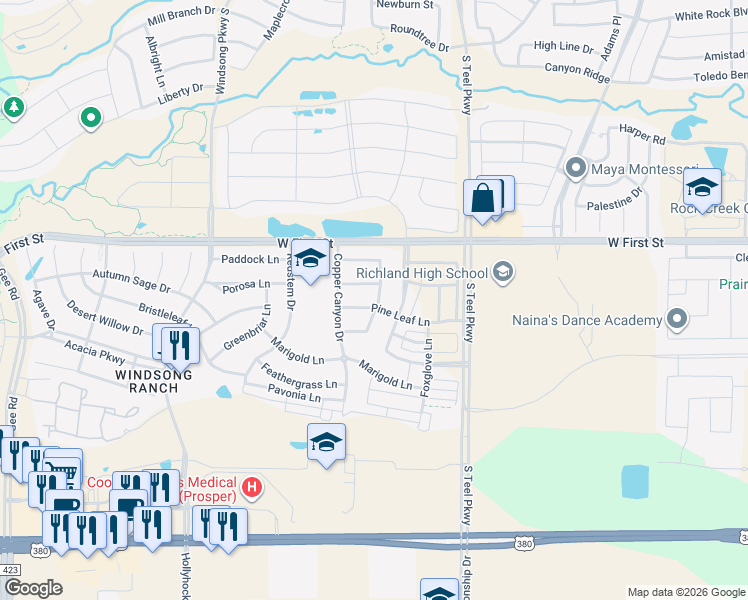 map of restaurants, bars, coffee shops, grocery stores, and more near 801 Drummond Drive in Prosper