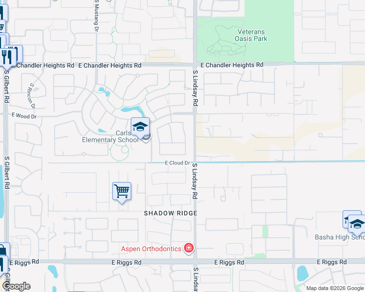 map of restaurants, bars, coffee shops, grocery stores, and more near 3942 East Elmwood Place in Chandler