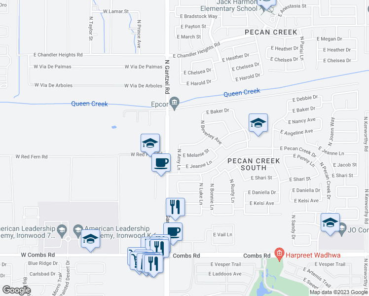 map of restaurants, bars, coffee shops, grocery stores, and more near 389 East Angeline Avenue in Queen Creek