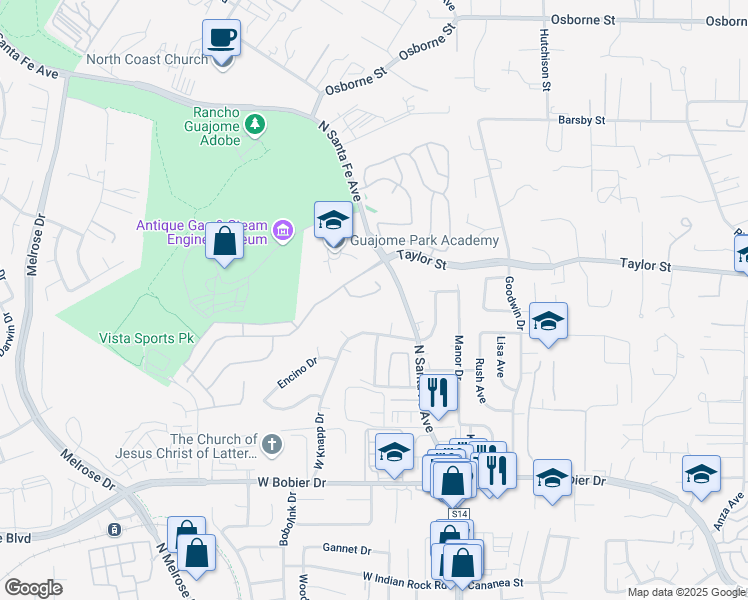 map of restaurants, bars, coffee shops, grocery stores, and more near 224 Flores Lane in Vista