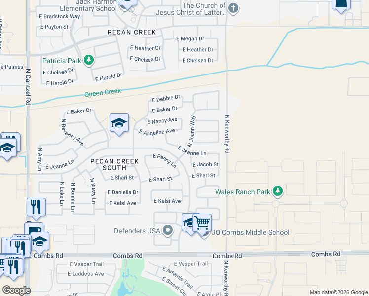 map of restaurants, bars, coffee shops, grocery stores, and more near 38360 North Joann Way in San Tan Valley