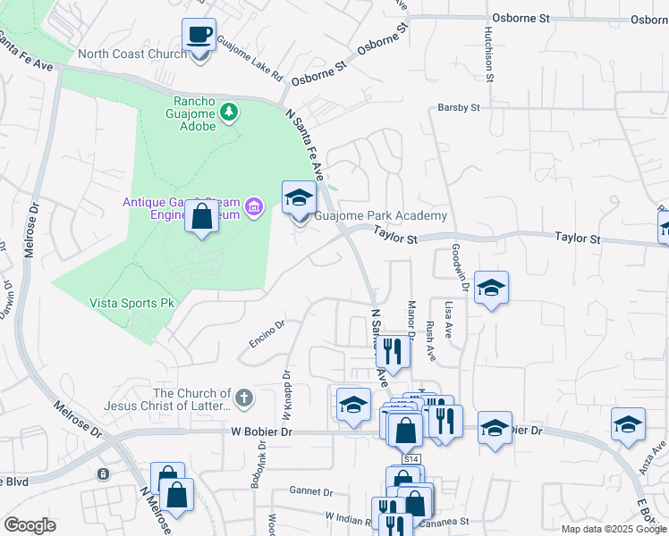 map of restaurants, bars, coffee shops, grocery stores, and more near 213 Flores Lane in Vista