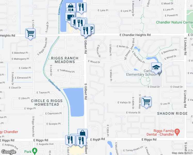map of restaurants, bars, coffee shops, grocery stores, and more near 3111 East Elmwood Place in Chandler